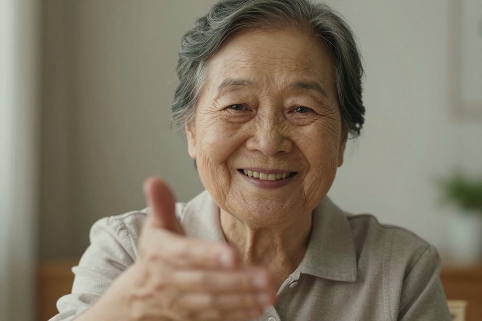 환하게 웃으며 손을 내미는 조부모님