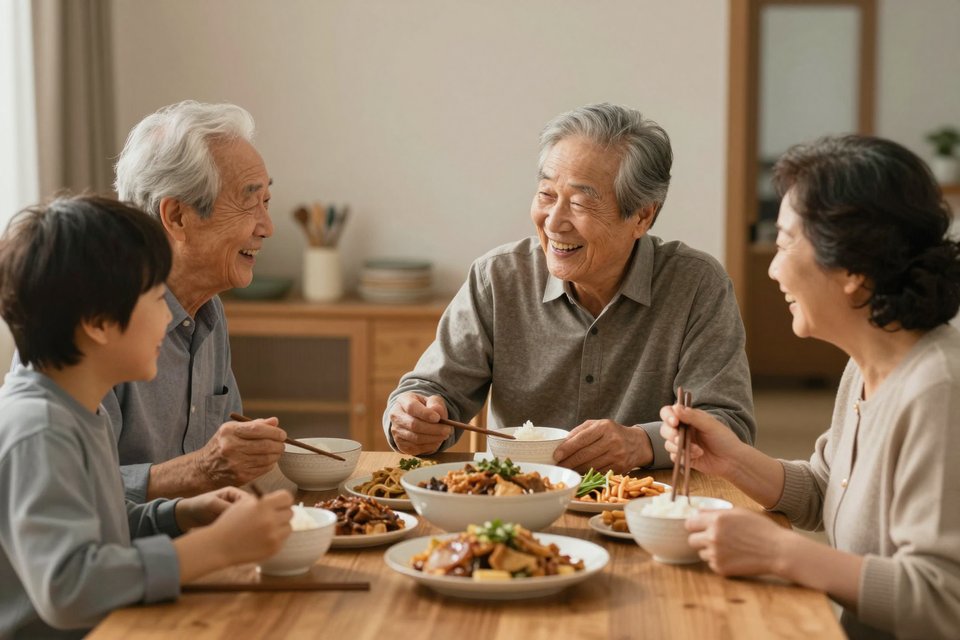 조부모님과 함께 웃으며 식사하는 모습