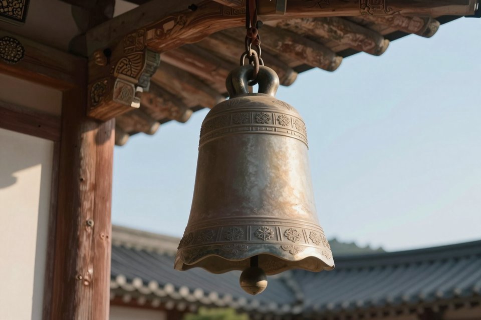 맑은 하늘 아래 높이 울리는 전통 기의 모습