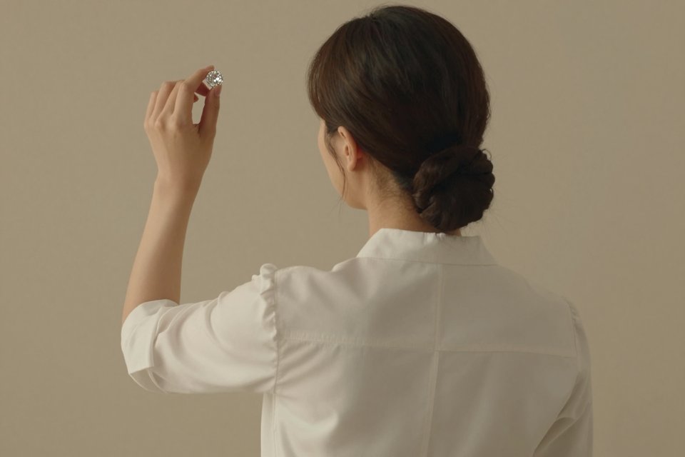 왼손으로 잡은 반짝이는 보석