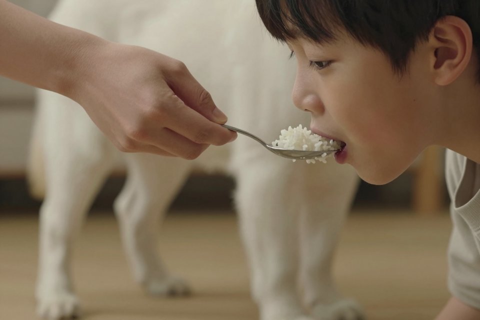 아들이 밥을 떠서 먹여 주는 장면