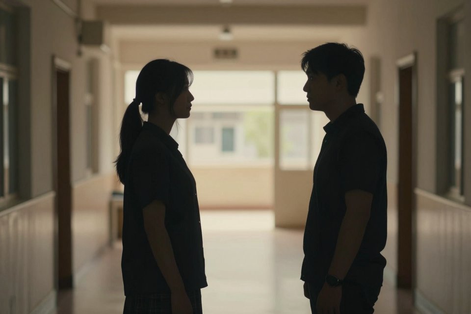 복도에서 서로 마주 보고 서 있는 두 명의 실루엣