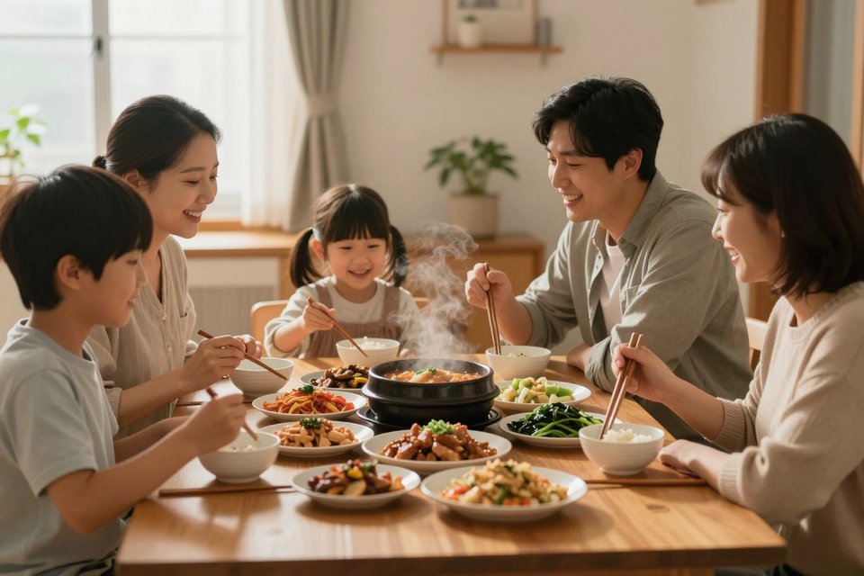 가족이 함께 둘러앉아 밥을 먹는 따뜻한 장면
