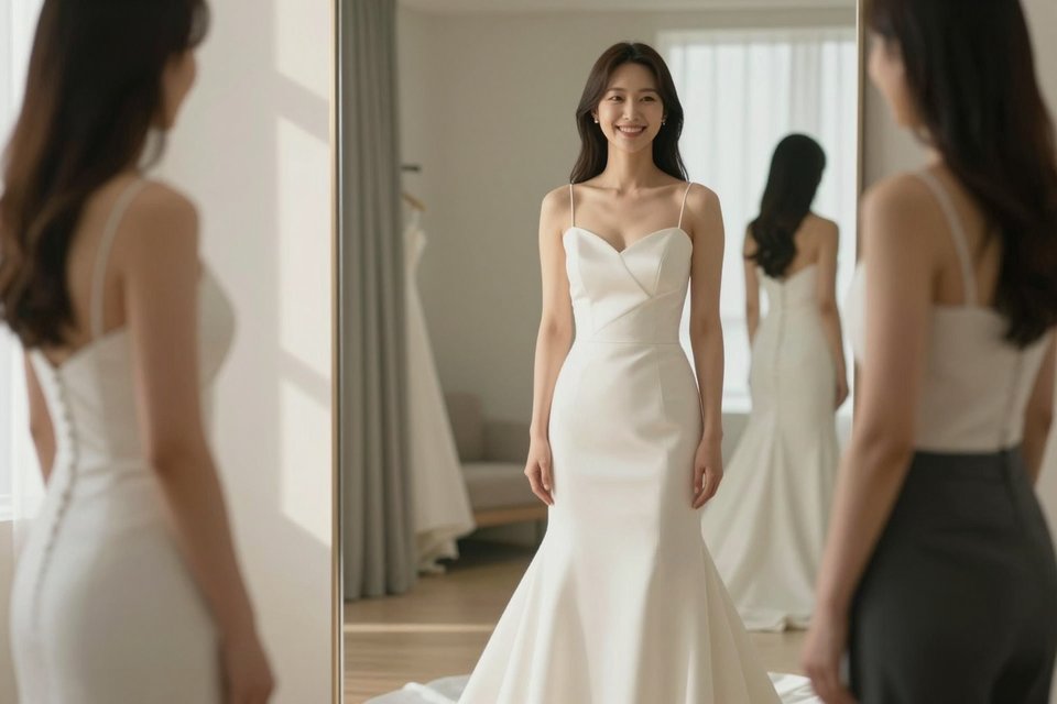 거울 앞에서 하얀 드레스를 입어 보는 신부