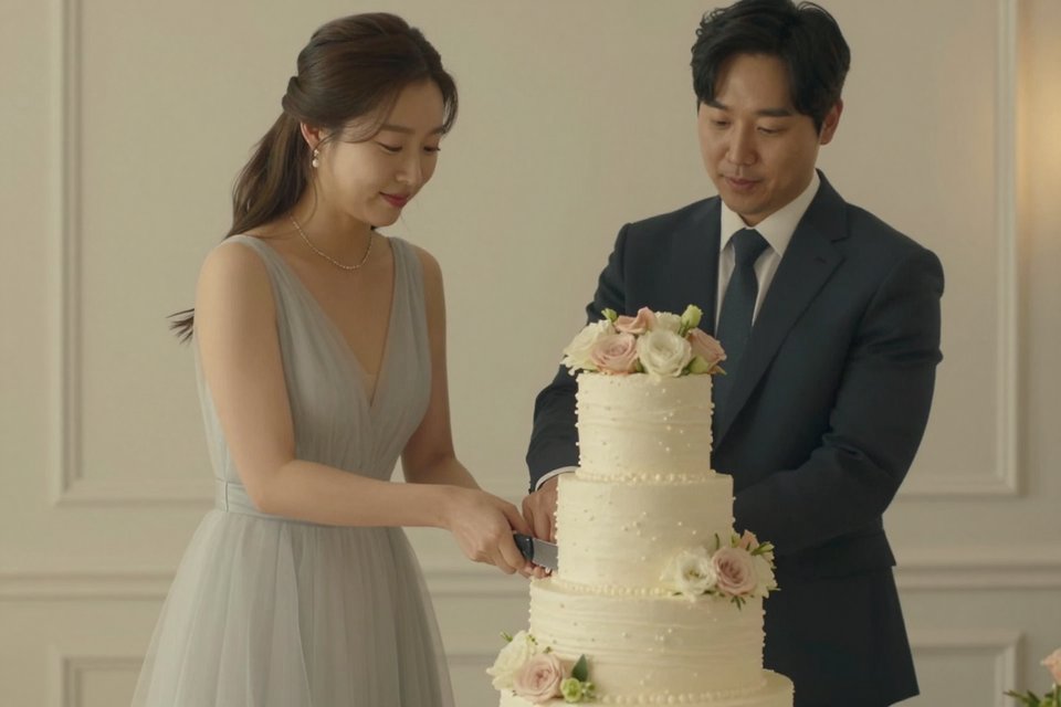 삼단 웨딩 케이크를 함께 자르는 신랑과 신부