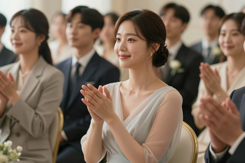 예식장 하객석에서 환하게 웃으며 손뼉 치는 여성