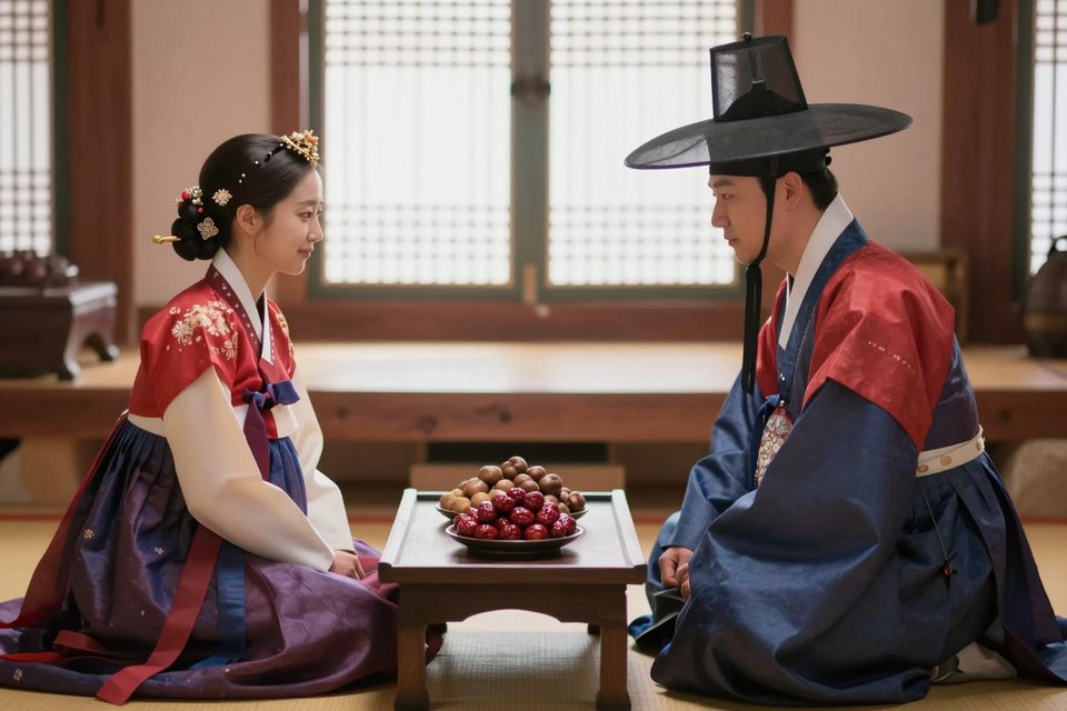 폐백상 앞에 앉은 한복 차림의 신랑과 신부