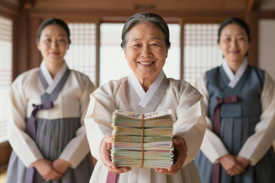 웃으며 돈다발 보따리를 건네는 어르신