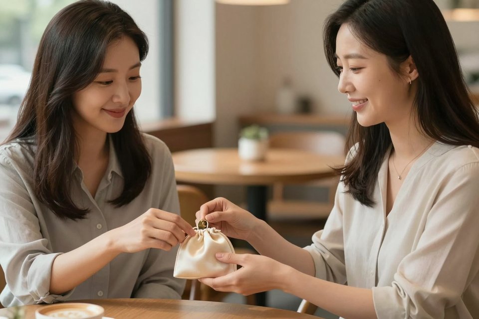 친구에게 비단 동전 주머니를 건네는 여인