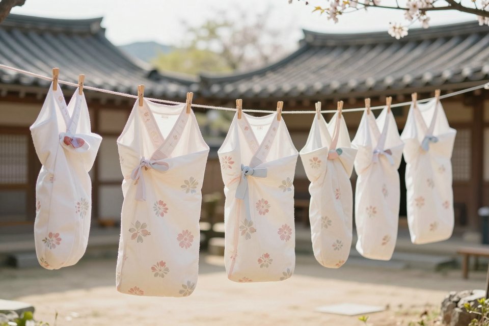 봄 햇살 마당 빨랫줄에 널린 고운 꽃무늬 포대기