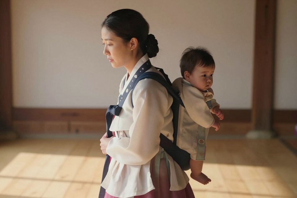 포대기 띠를 매고 아기를 업은 여인의 옆모습