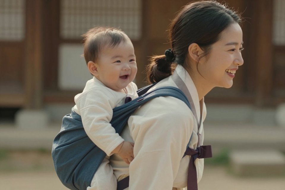 엄마 어깨 너머로 방긋 웃는 업힌 아기