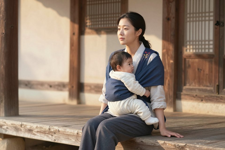 아기를 업고 툇마루에 앉아 숨을 고르는 여인