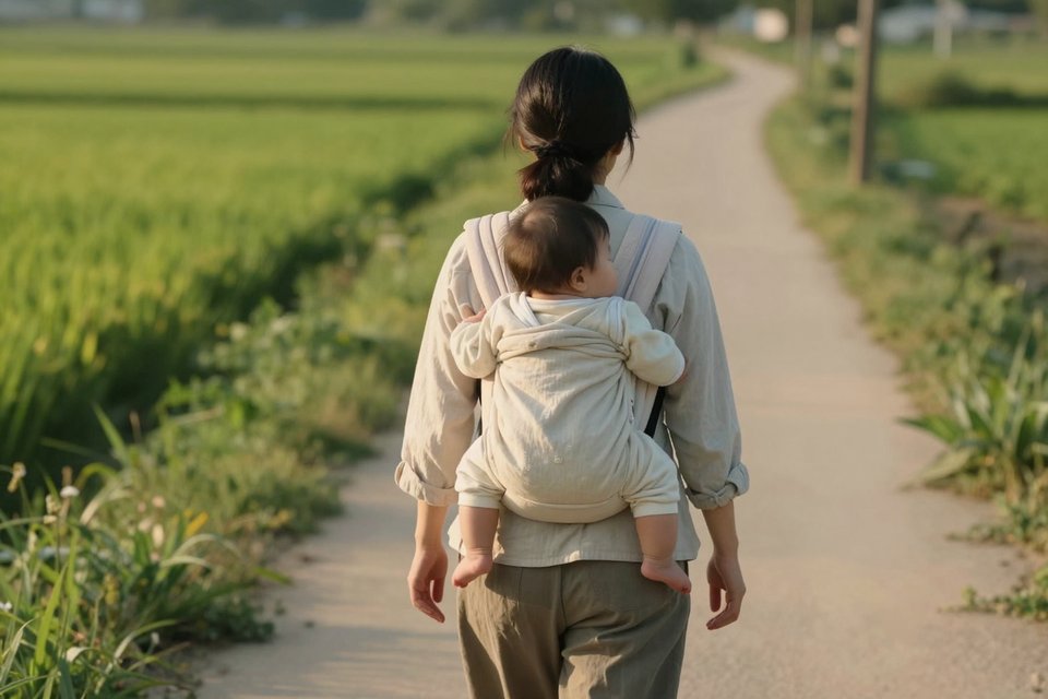 아기를 업고 햇살 비치는 들길을 걷는 여인의 뒷모습