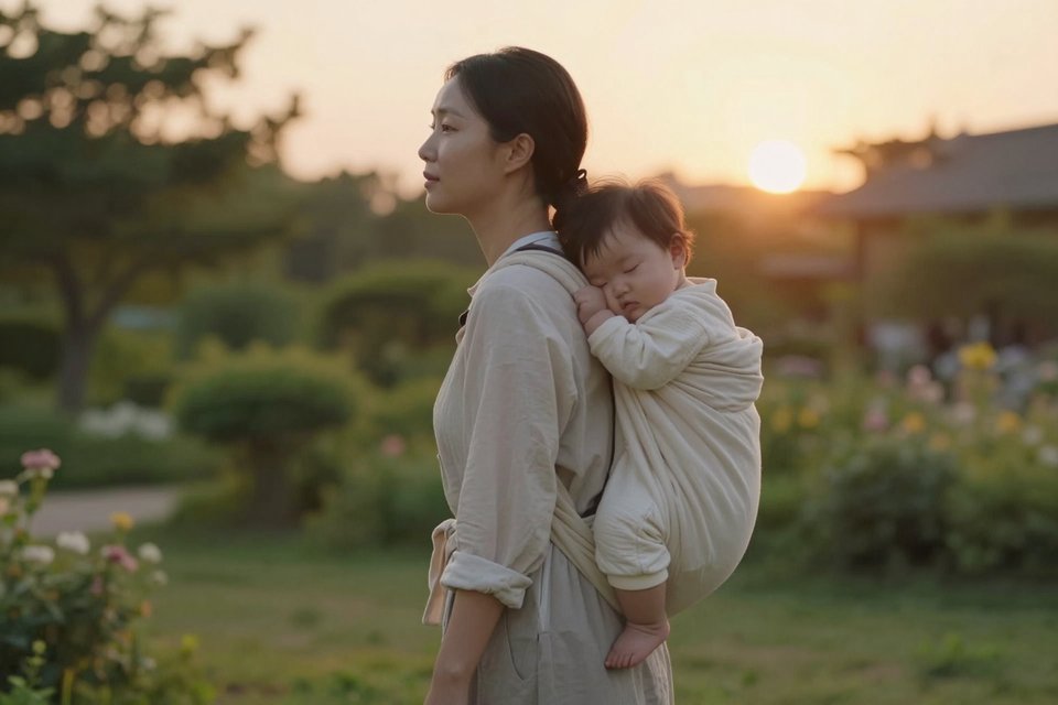 노을빛 마당에서 잠든 아기를 업고 선 여인의 옆모습