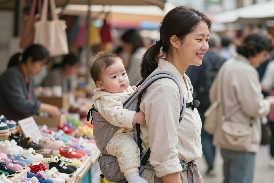 아기를 업고 장터에서 아기 신발을 고르는 여인