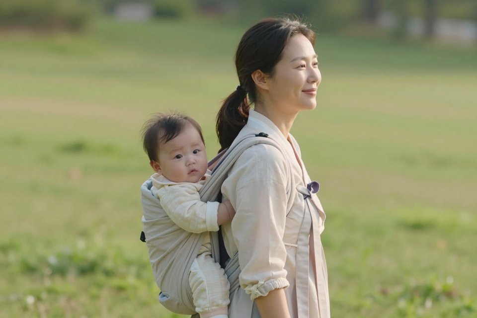 공원에서 처음 보는 아기를 업어 주는 여인의 옆모습