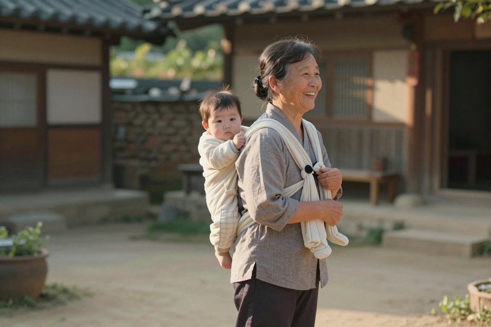 시골집 마당에서 아기를 업고 웃으시는 할머니