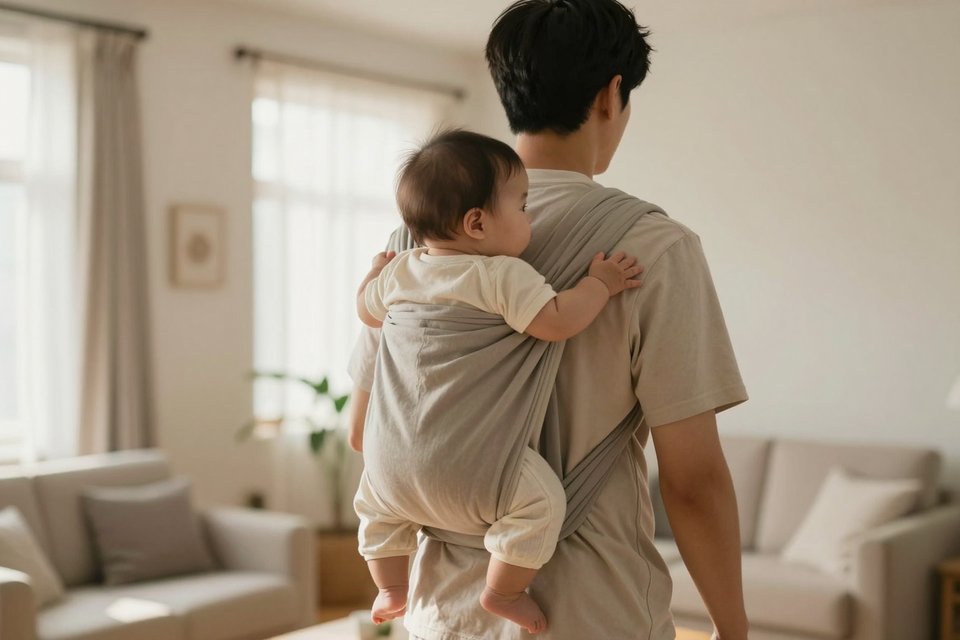 밝은 거실에서 아기를 업고 걷는 젊은 남자의 뒷모습
