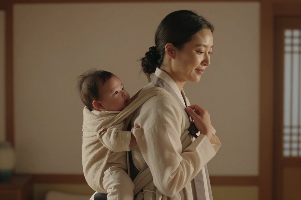 업은 아기를 토닥이며 자장가로 달래는 여인