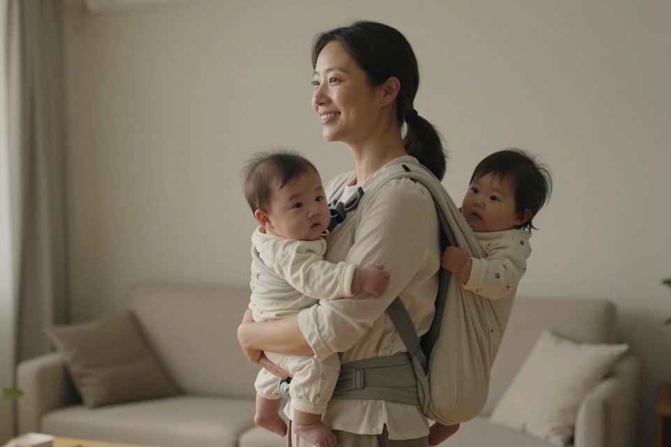 아기 하나는 안고 하나는 업은 엄마