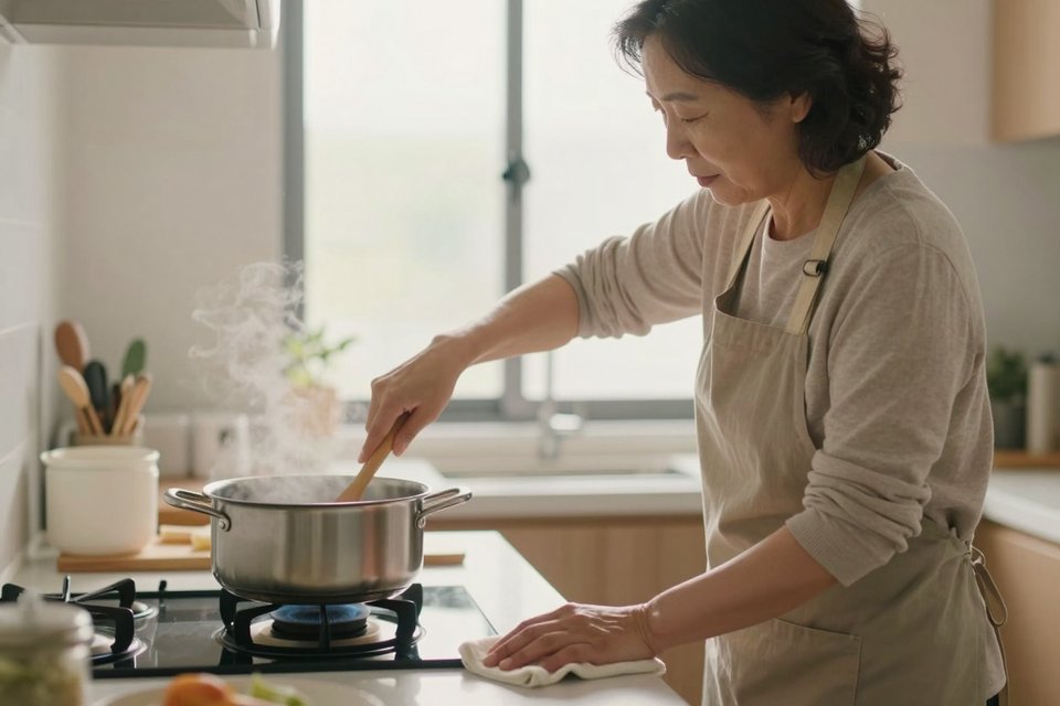 부엌에서 바쁘게 집안일을 하는 어머니