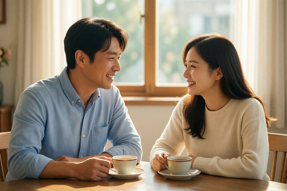 아침 식탁에서 마주 보고 웃으며 차를 마시는 부부