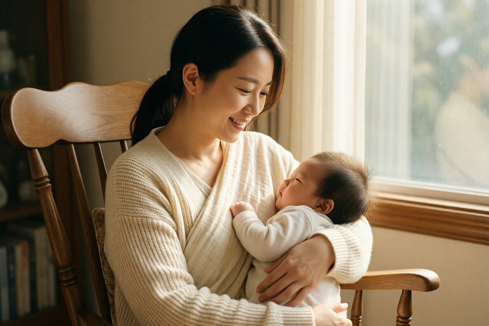 햇살 드는 창가에서 수유 덮개를 두르고 아기를 가슴에 안은 엄마