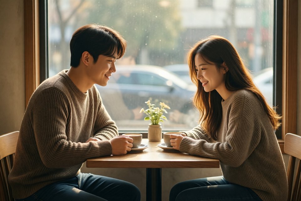 카페 창가에서 서로 눈이 마주쳐 수줍게 웃는 두 사람
