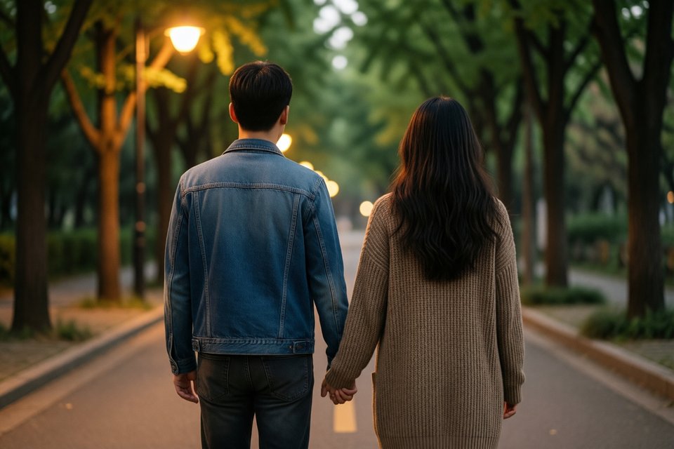 저녁 산책길에 손을 잡고 걷는 젊은 연인의 뒷모습