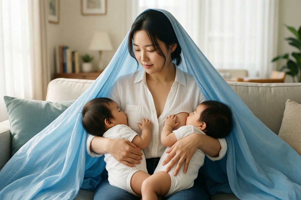 쌍둥이를 양팔에 안고 수유 덮개를 두른 엄마