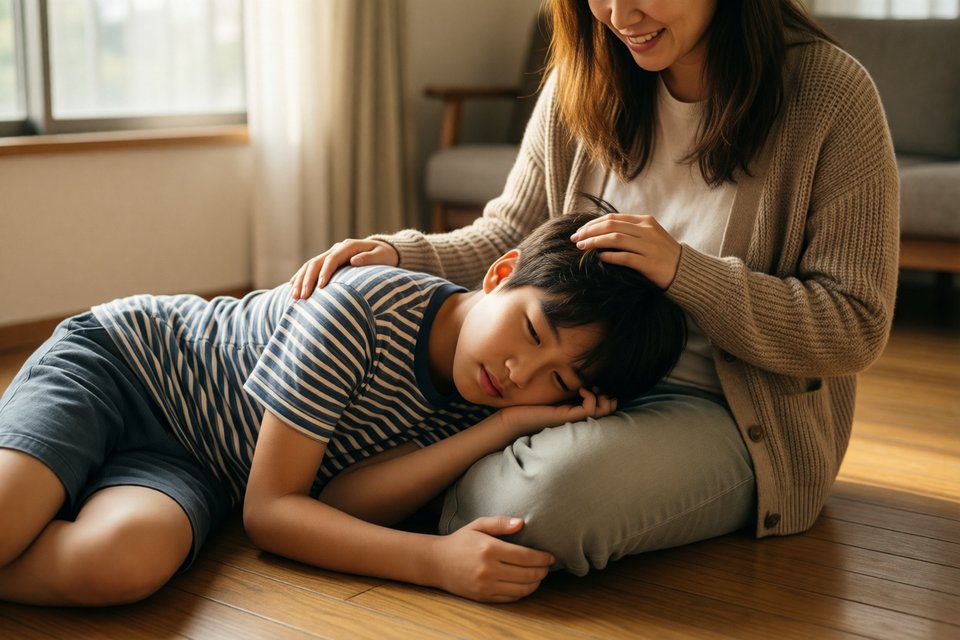 엄마 무릎을 베고 누운 열 살쯤 아이와 머리를 쓰다듬는 엄마