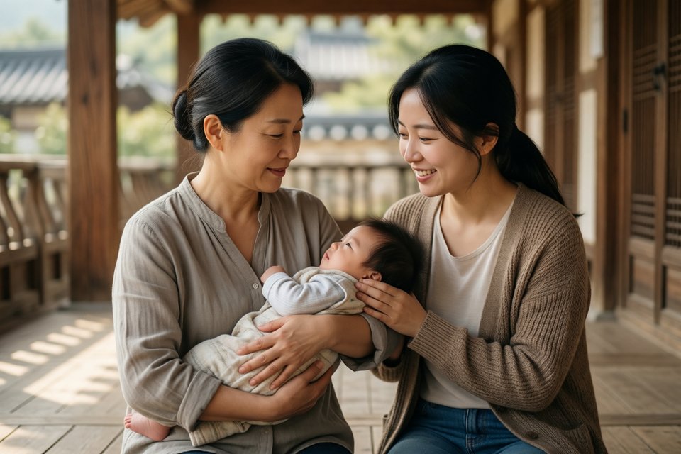 마을 정자에서 이웃 아기를 받아 안아 달래는 두 여인