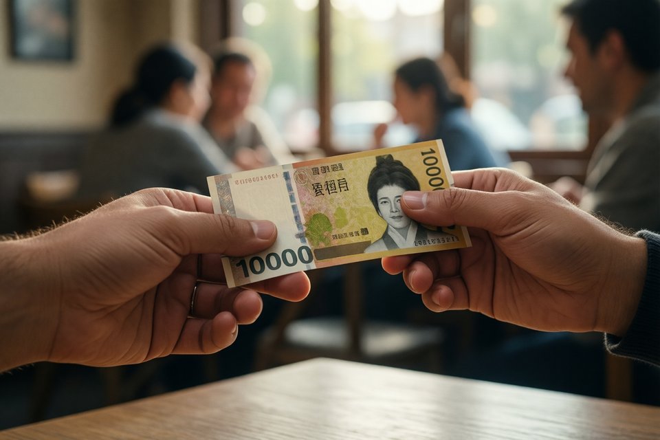 친구에게 만원 지폐를 건네는 손