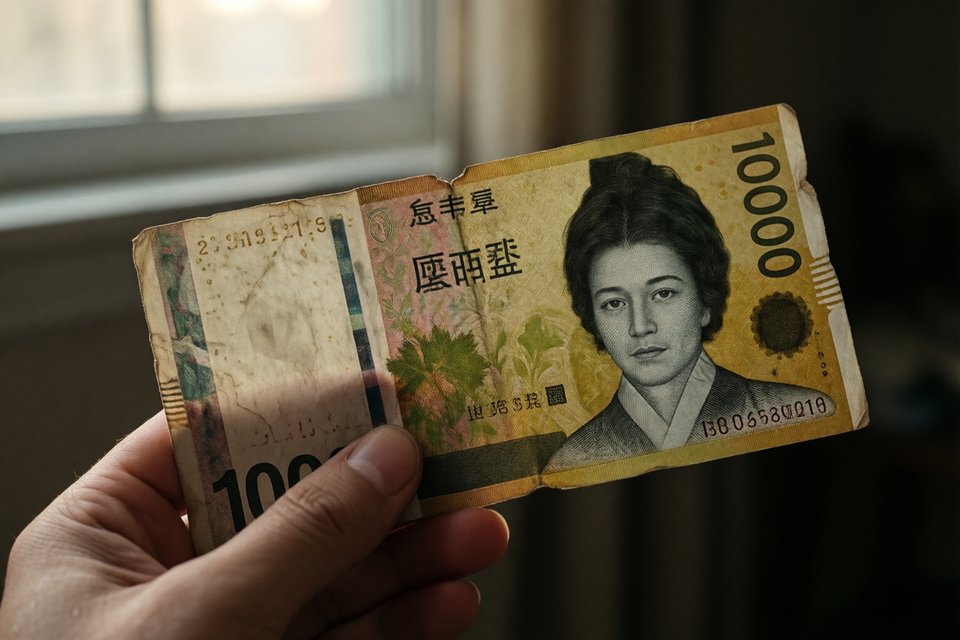 찢어지고 더러워진 만원 지폐