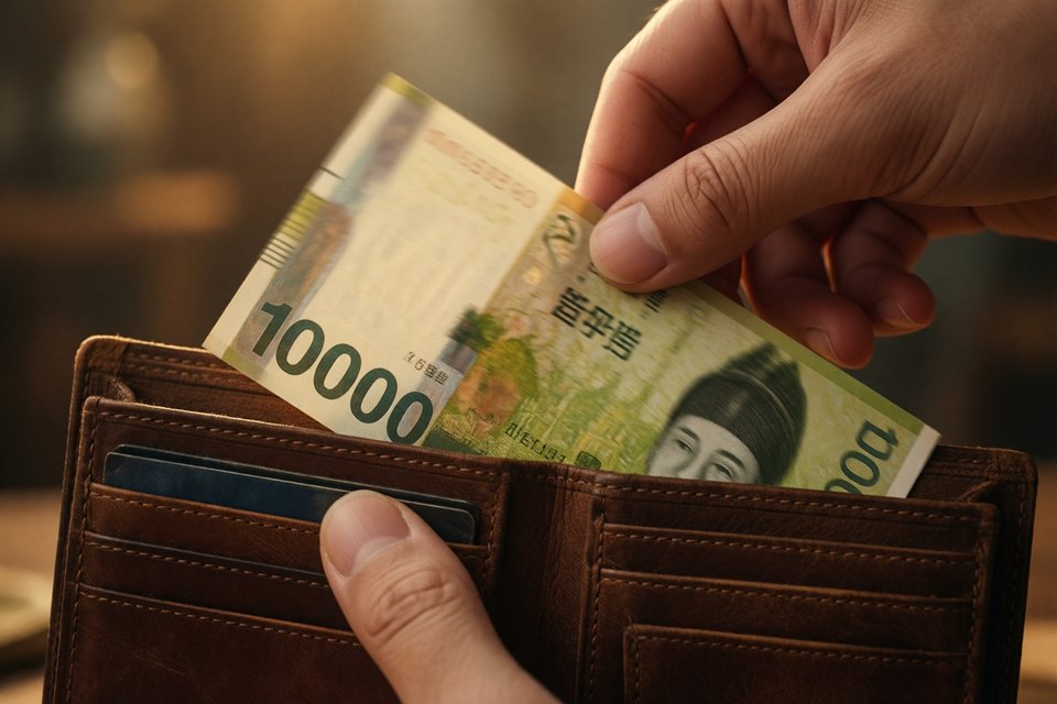 지갑에 차곡차곡 넣는 만원 지폐