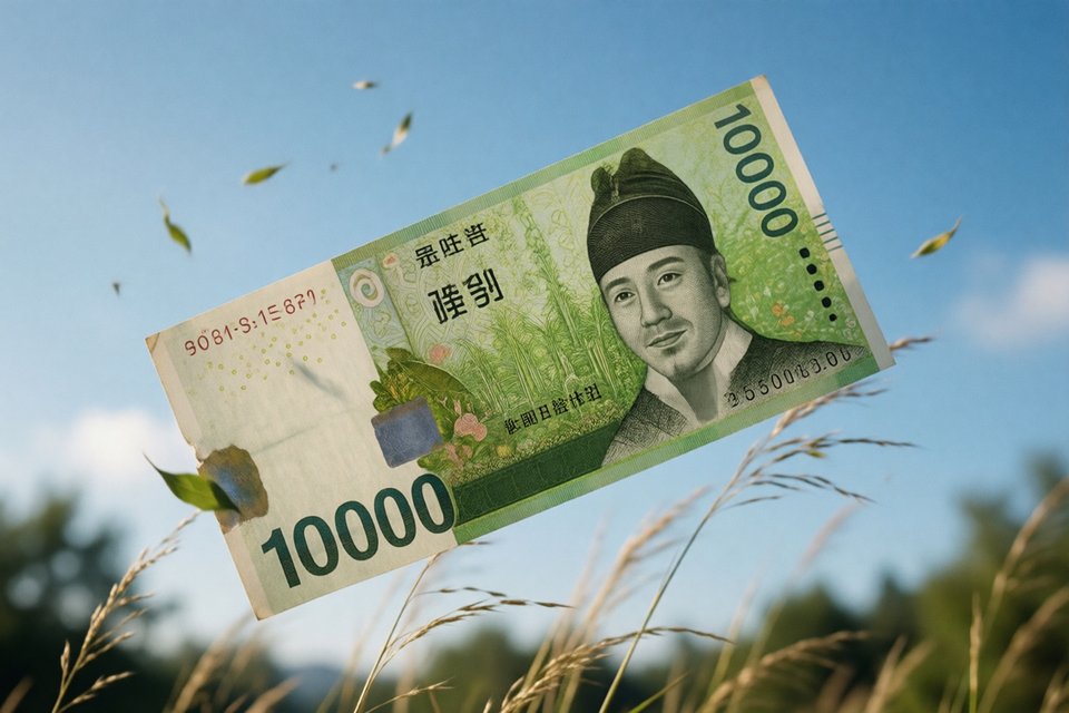 바람에 날리는 만원 지폐