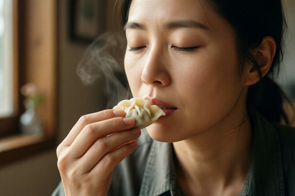 꿈속에서 먹은 음식의 맛과 감촉을 떠올리는 모습