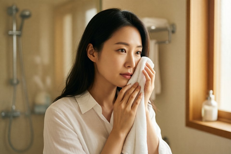 따뜻한 하얀 수건으로 얼굴을 씻는 모습
