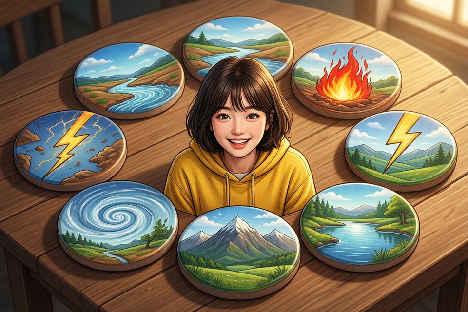 둥근 탁자 위에 여덟 갈래로 놓인 하늘 · 땅 · 물 · 불 · 우레 · 바람 · 산 · 연못 그림 타일