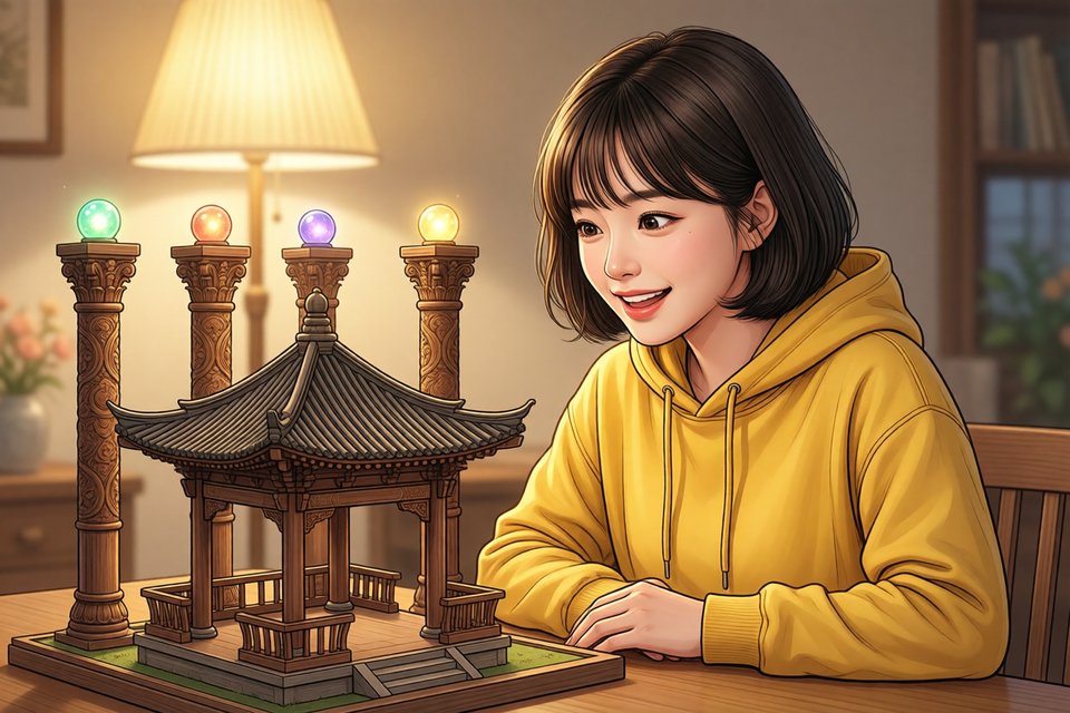 네 개의 나무 기둥이 나란히 선 작은 정자 모형을 살펴보는 새봄 씨