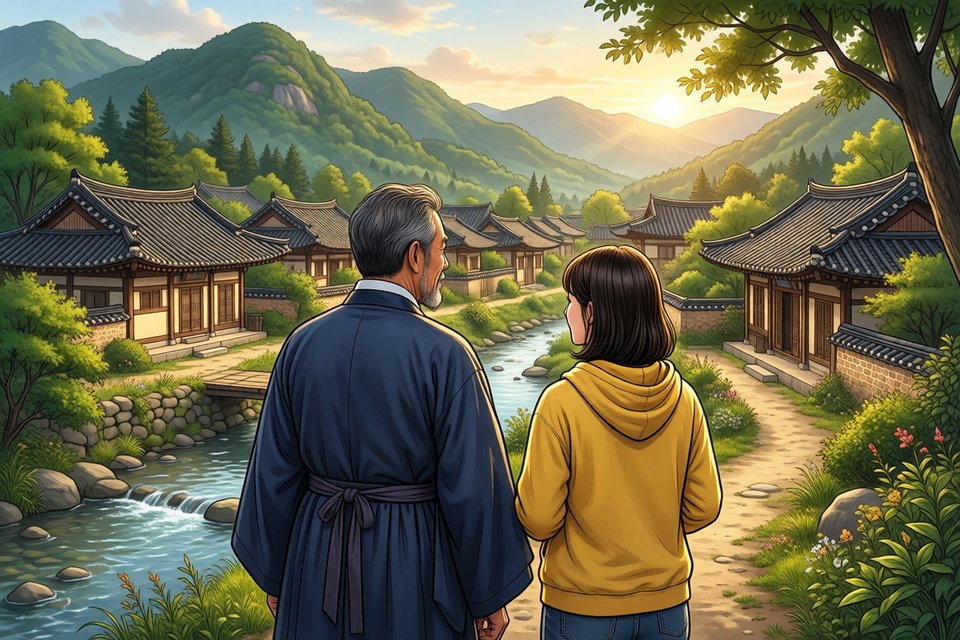 뒤로 푸른 산이 감싸고 앞으로 맑은 냇물이 흐르는 옛 마을을 언덕에서 내려다보는 두 사람