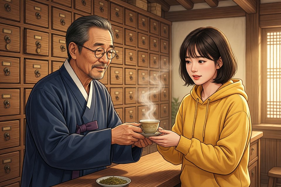 한약방에서 약재 서랍장 앞에 서서 새봄 씨에게 따뜻한 차를 건네는 달빛 선생님