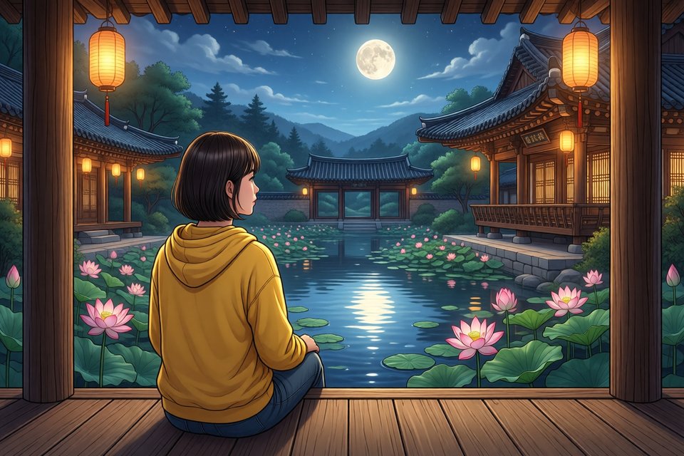 고요한 산사 마루에 앉아 연못에 비친 달을 바라보는 새봄 씨의 뒷모습