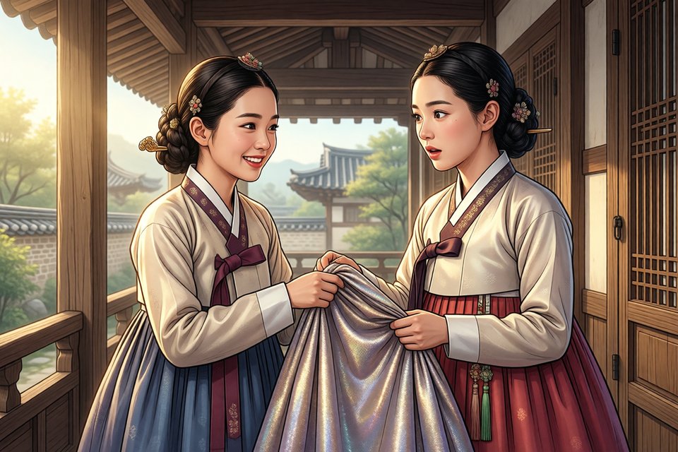 신라 시대 옷을 입은 두 자매가 마루에서 고운 비단 치마를 주고받는 장면
