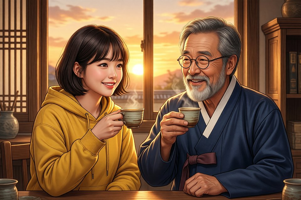 노을 지는 서재 창가에서 나란히 웃으며 차를 마시는 새봄 씨와 달빛 선생님